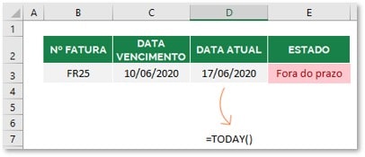 Exemplo utilização da função de Excel TODAY (HOJE)